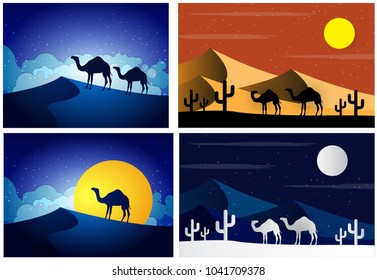 Camels in the desert night, moon, paper art
