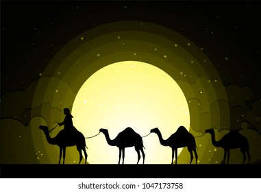 Camels in the desert night, moon, paper art