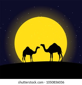 Camels in the desert night, moon, paper art