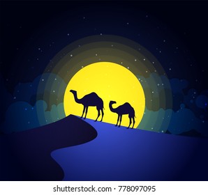 Camels in the desert night, moon, paper art