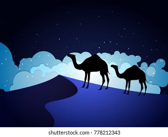 Camels in the desert night, moon, paper art
