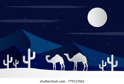 Camels in the desert night, moon, paper art