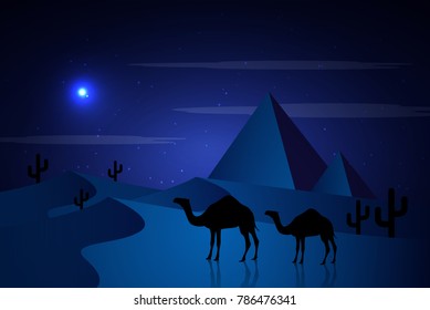 Camels in the desert night, moon, paper art