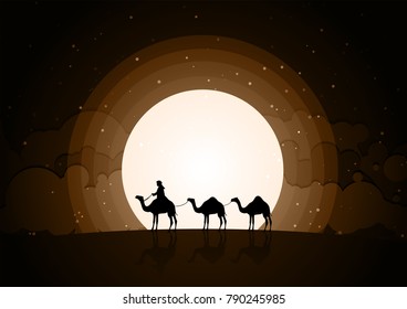 Camels in the desert night, moon, paper art