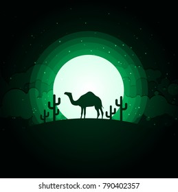 Camels in the desert night, moon, paper art