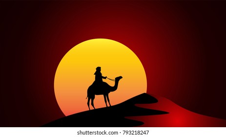 Camels in the desert night, moon, paper art