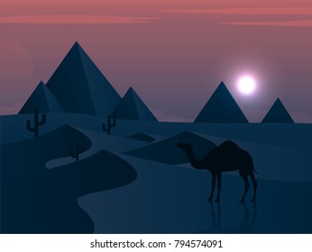 Camels in the desert night, moon, paper art, shadow