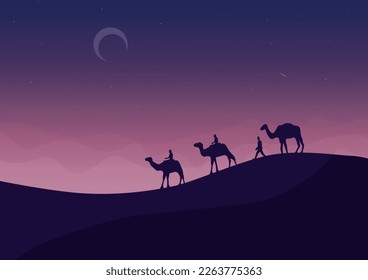 camels in the desert at night, vector illustration.