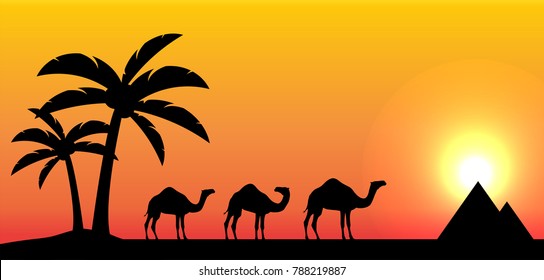 Camels in the desert, paper art, sun