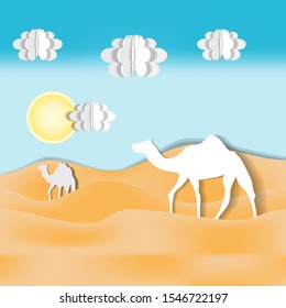 Camels in the desert, Paper art, vector - vector