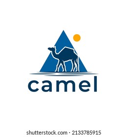 Camels in the desert passing through the pyramids logo illustration