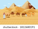 Camels in desert with pyramid background landscape scene illustration