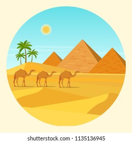 Camels in a desert with pyramids and palm trees. Vector flat style illustration