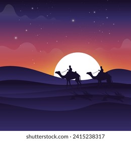 Camellos en silueta desértica caricatura ilustración vectorial. Caravana de camellos atravesando el desierto en bella puesta de sol, ilustración vectorial