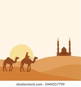 Kamele in der Wüste mit Sonnenlicht und einer Moschee am Ende