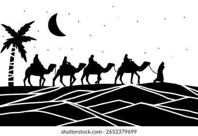 Camels in the desert at sunset, a striking silhouette against the starry night sky, perfect for travel or Islamic illustrations