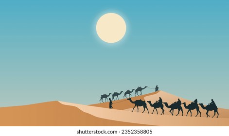 Camels in the desert. Vector illustration of a caravan of camels walking along the dunes in the desert. Template for creativity.