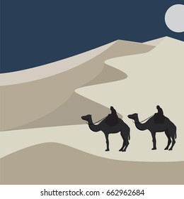 Camels in the desert vector. Sand dunes illustration. Minimalist style.