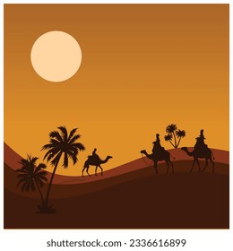 Camels in desert walking sun glowing Arabian environment dates trees   