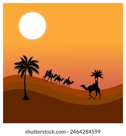 Camels in desert walking sun glowing Arabian environment dates trees