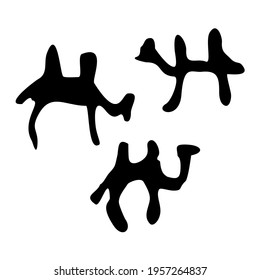 Camels. Drawings of primitive people on stone. Illustration in ethnic style.