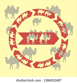 camels in the form of an arrow sign in a circle, a red arrow in the middle on a yellow background