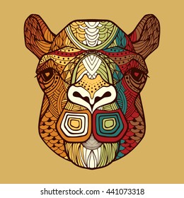 Camel's head with a ornate ornament - hand drawn. Patterned head wild animal in zentangle style. African tribal pattern multicolored color. Camel. Camel's head. Head of a camel. Animal vector logo.