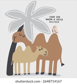 Camels look for warm and fresh together, background white with tree and birds, text cute graphic for t-shirts apparels textile print and wall paper, covers, wallpaper, printing, cards, scrapbooking.