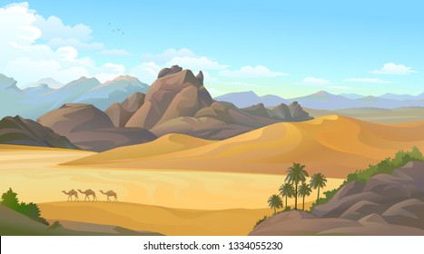 Camels migrating across a vast hot desert and surrounded by big mountains