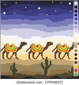 camellos por la noche en el desierto - un patrón para bordado o tejido