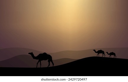 Camellos en paisaje desértico con puesta de sol cielo dorado ilustración vectorial. Grupo animal de camellos de silueta.