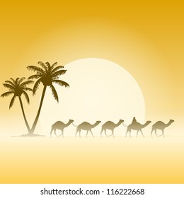 Camels and Palms - Palm trees and camel caravan illustration with sun
