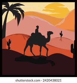 Camels pass through the desert. African Landscape. You can use it for Islamic backgrounds, banners, posters, websites, social media and print media. Vector illustration.