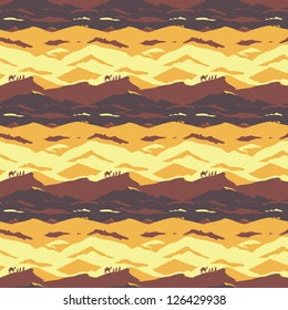  Camels and people in desert. Seamless vector pattern.