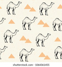 Camels and pyramids vector seamless pattern