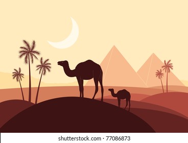 Camels with pyramids in wild africa landscape