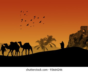 Camels in Sahara with bedouin and shepherd, on orange sunset