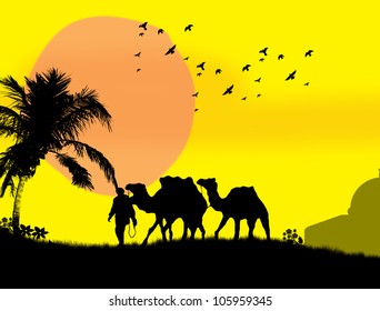 Camels in Sahara on yellow sunset background, vector illustration