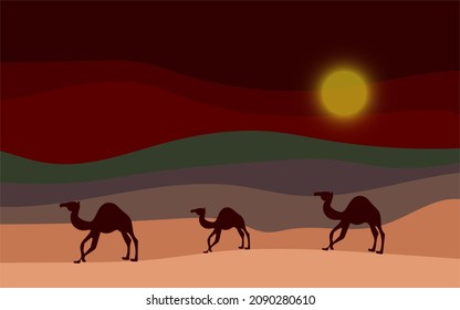 Camels in the sand desert. Caravan on the background of the night  sky. Sandy desert, landscape. the moon. Vector illustration
