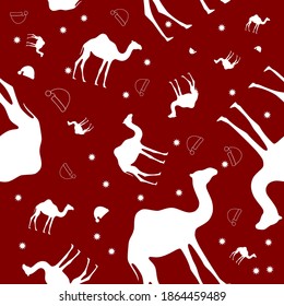 Camels and Santa caps or hoods pattern. White on red classic Christmas colors background. Ethnic seamless pattern.