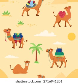 Camelos sem emenda padrão. Cartoon camelo com tapetes decorativos, selas, transporte de coisas. Animais engraçados imprimir para tecido, têxtil, fundo de vetor elegante