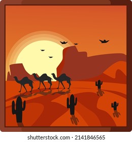 Camels at sunset, illustration, vector on a white background.
