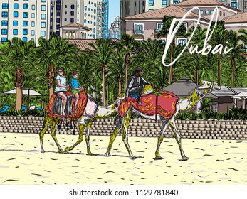 The camels with tourist attraction on Jumeirah beach and skyscrapers in the backround in Dubai, United Arab Emirates.  Hand drawn sketch. Vector.