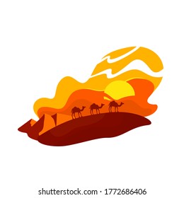 Camels Walk In Dunes 2D Vector Web Banner, Poster. Summer In Morocco. Sahara Wildlife. Egyptian Sands Flat Scenery On Cartoon Background. Arabian Caravan Printable Patch, Colorful Web Element