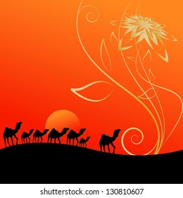 Camels walking in desert sunset, travel concept. Vector Image