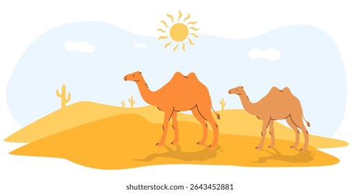 Camelos caminhando sobre areia contra paisagem desértica sob sol escaldante. Cenário do Egito. Dunas do Saara. Clima árido quente. Panorama da seca na natureza. Viagem de caravana árabe. Aventura beduína. Conceito de vetor