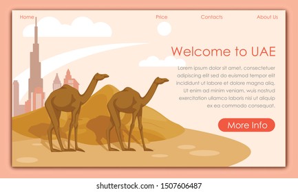 Camels Walking in Sand. Welcome to UAE. Vector Illustration. Tourism Development. Traveling Around World. Postcard Representing Country. Landmarks Country. Travel Agency Offers. Screen Monitor.