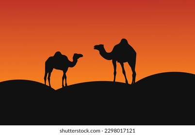 Camels walking at sunset vector arts