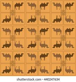 Camel.Sahara seamless pattern for summer. Vector background. Summer time. Camel and geometric ornament in the desert.