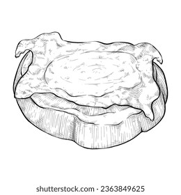 Camembert cheese baked melted icon. Stretchy cheese, round in shape. Sketch.